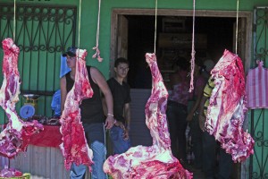 Meat hangs at the butchers in the tropical sun.